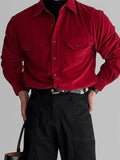 BONSIR  -  Burgundy thin corduroy shirt men's flip double patch pocket high-end mature long-sleeved red shirt men Autumn clothes