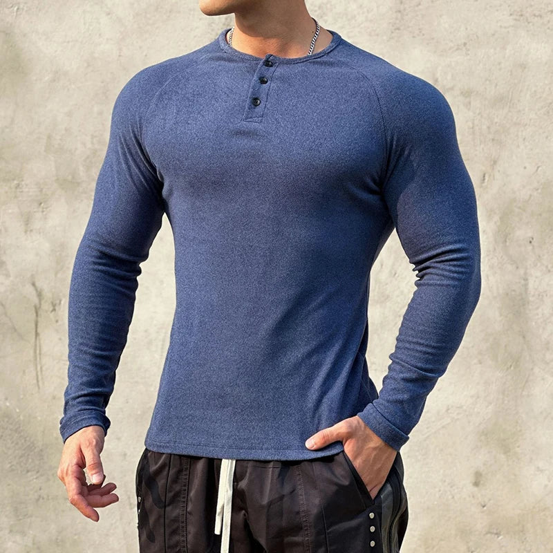 BONSIR  -  Casual Long Sleeve Solid T-shirt Gym Man Long Sleeve Henry Collar Shirt Muscle Men Elastic Ribbed Basic Tops Pullover Streetwear