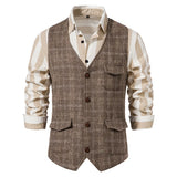 Bonsir Men's Suit Vest Single Breasted Retro Tweed Amikaki Plaid Business Daily Casual Vest