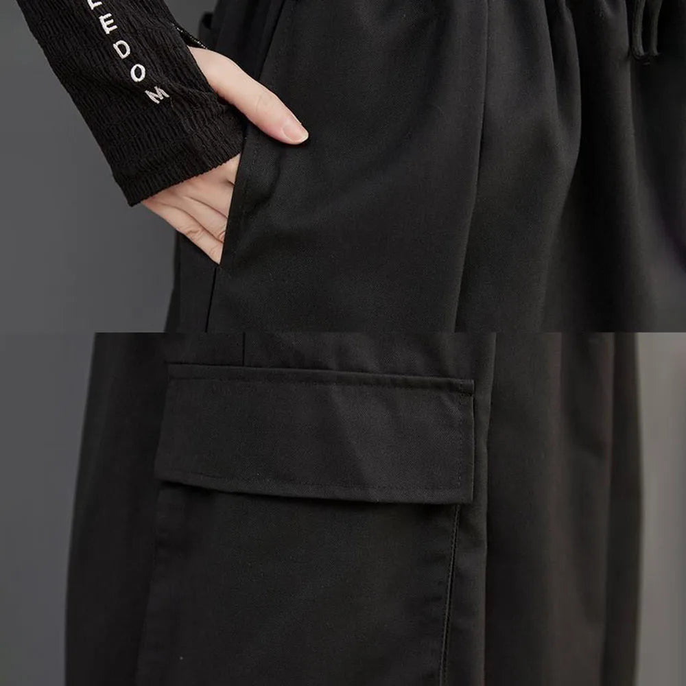 Bonsir Gothic Style Japanese Large Pocket Casual Culottes 2024 New Fashion Loose Daily Versatile Elastic Waist Wide Leg Pants Unisex