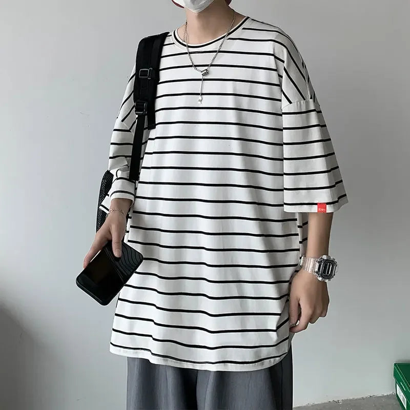 BONSIR  -  Harajuku Striped T Shirts For Men Oversized Tees  Man Casual Short Sleeve Tshirt Woman Loose Pullovers Tops Tee 5XL