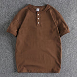 BONSIR  -  American Minimalist Tough Guy Style Mens Henry Neck Short Sleeved T-shirt 300G Washed Combed Cotton Comfortable Solid Color Tops