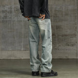 BONSIR  -  American New Fashion Vintage Men's Straight Wide Leg Loose Spliced  Casual Trendy Washed Blue Denim Trousers Male Streetwear