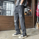 Bonsir Summer New Men's Perforated Jeans Street Hip Hop Dance Leg Side Zipper Design Straight Leg Pants Blue Black