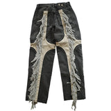Bonsir High Street Heavy Industry Color Match Tassel Patchwork Baggy Jeans Mens and Womens Straight Ripped Casual Denim Trousers