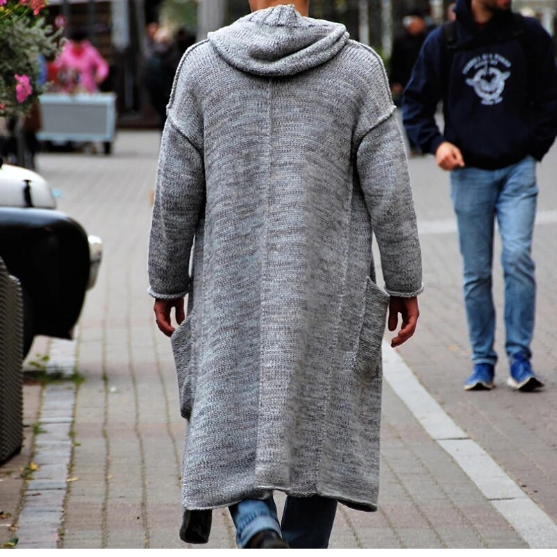 Bonsir Autumn Winter Long Knitwear Mens Thin Loose Hoodie Big Pocket Cardigan Fashion Knitted Sweater Coat Streetwear Clothing For Men