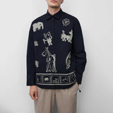Bonsir Mens Autumn Cartoon Animal Graffiti Long-Sleeved Shirt New Casual Youth Trend Fashion Elegant Retro Simple Shirt For Men