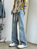 BONSIR  -  Fashion Patchwork Men's Bootcut Jeans Elastic Waist Drawstring Denim Pants High Street Classic Light Blue Black Male Trousers
