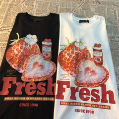 Bonsir  Fresh Strawberry American Retro Creative Printed Short Sleeved T-shirt Men Women Trendy Brand Loose Versatile Half Sleeved Shirt