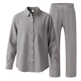 BONSIR  -  Summer Casual Mens Linen Two Piece Suits Leisure Breathable Long Sleeve Shirt And Trousers Men Outfits Fashion Solid Color Sets