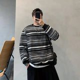 BONSIR  -  large-size men's autumn and winter Japanese retro striped velvet thickened American round neck pullover sweatshirt