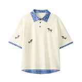 BONSIR  -  Korean Dog Embroidery Plaid Polo Short Sleeve T-Shirt 2025 Summer Retro Couple T-shirts Splicing Fake Two Pieces Simple Tops