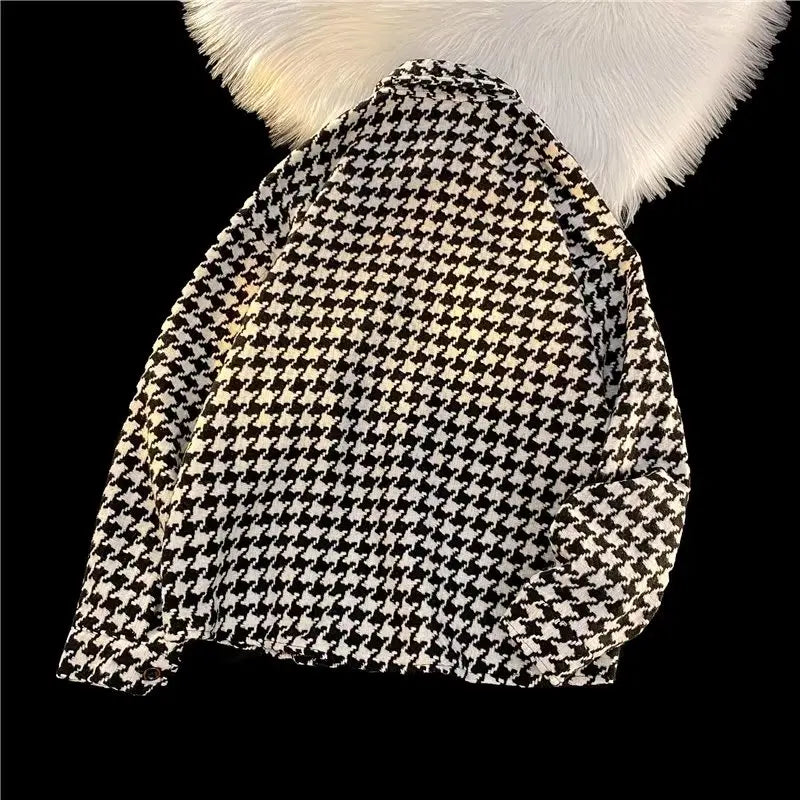 Bonsir Autumn Jackets Men Overisized High Street Unisex Chic Simple Fashion Pocket Design Houndstooth Outwear Harajuku Korean Style New