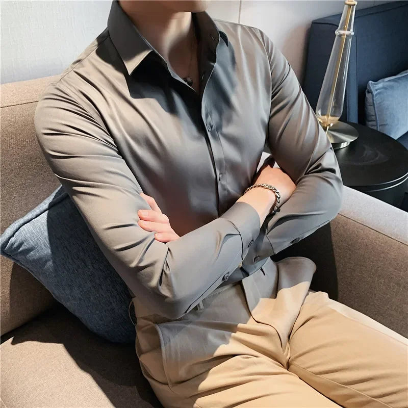 Bonsir 9 Colors High Quality Men Shirt Autumn New Long Sleeve Solid Business Slim Fit Shirts Homme Dress Social Casual Shirt 4XL-M