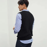 BONSIR  -  New Popular Preppy Style Men Sweater Vest Casual Knitted Streetwear Solid Color V Neck Waistcoat Leisure High Quality Knitwear