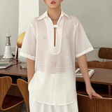 Bonsir Mens Sexy Perspective Low-Cut Shirt Genderless 2024 New Nightclub Personalized Versatile Solid Color Short-Sleeved Top Unisex