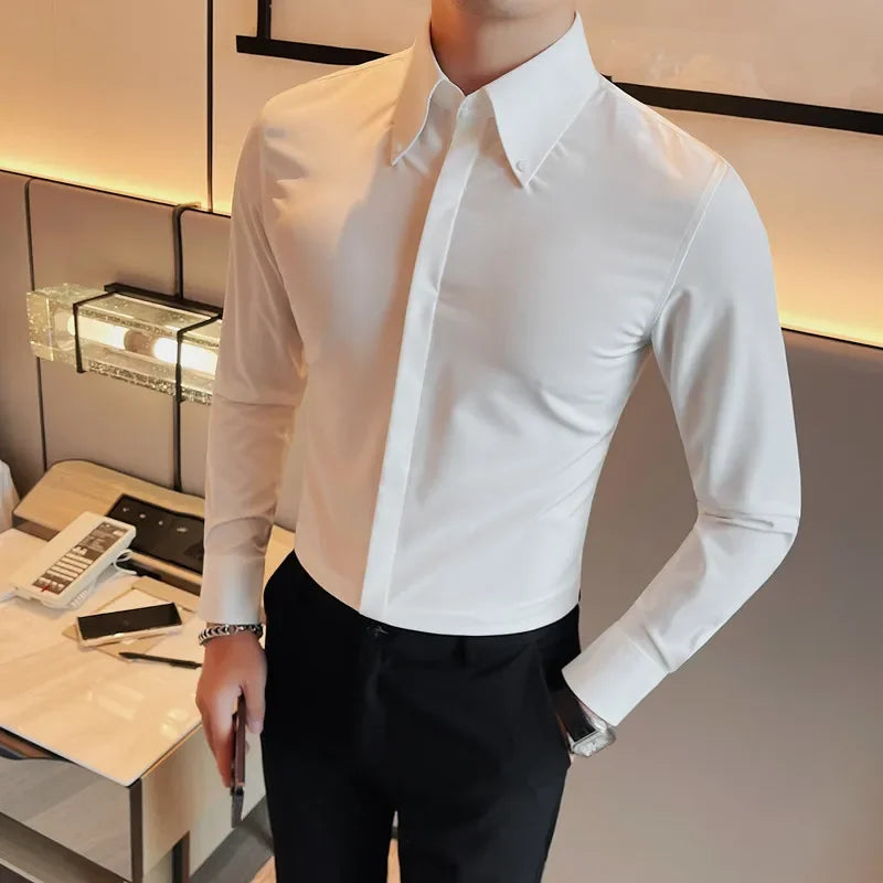 Bonsir Autumn High-End Solid Concealed Button Shirts Men Big Collar Design Long Sleeve Slim Business Casual Social Tuxedo Shirt