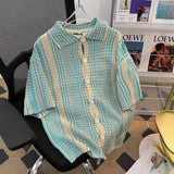 Bonsir Retro striped knitted cardigan short sleeved shirt for men and women summer trend loose casual street short sleeved T-shirt top
