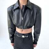 Bonsir Autumn Product Design Sense Lgbt Sexy Navel Exposed Fashion High Street High Waist Double Zipper Wide Shoulder Leather Jacket