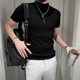 Bonsir Summer Thin Knitted T-shirt Half High Collar Men Pullover Slim Business Social T Shirt Solid Color Men Sweater Streetwear