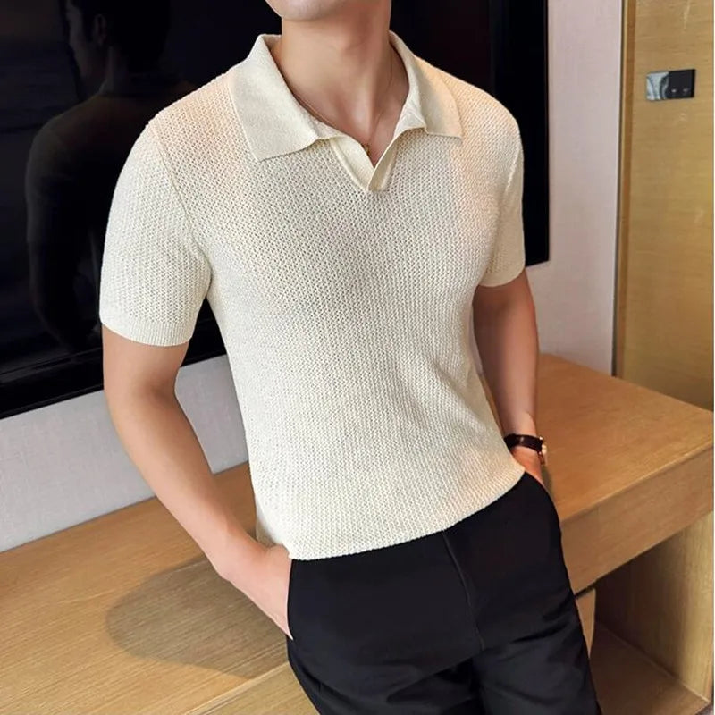 Bonsir Summer Hollow Knitted Short Sleeved Polo shirt Mens Elasticity Mesh Casual T Shirt Male V Neck Slim Fit Breathable Polo Shirt