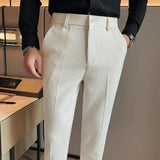 Bonsir Men's Waffle Casual Pants Fashion Korean Stretch Waist Business Formal Pants Mens Social Party Suit Pants Streetwear Pencil Pant