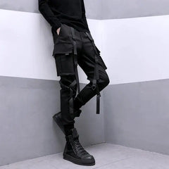 Bonsir Techwear Black Cargo Pants for Men Cargo Trousers Male Japanese Streetwear Hip Hop Spring Ribbon Pocket Harajuku Fashion