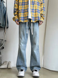 BONSIR  -  Fashion Patchwork Men's Bootcut Jeans Elastic Waist Drawstring Denim Pants High Street Classic Light Blue Black Male Trousers
