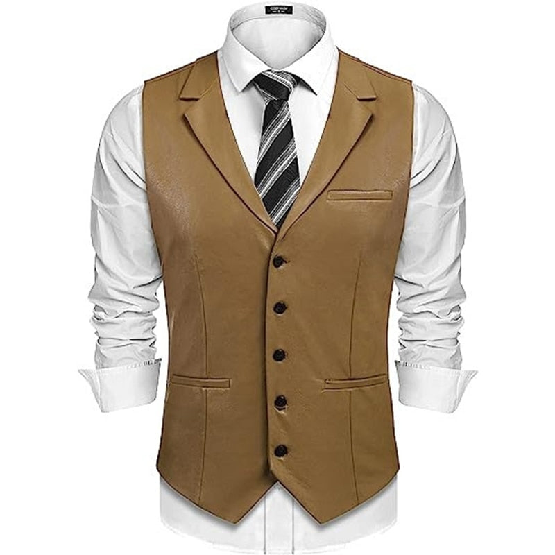 Bonsir Cowboy Leather Waistcoats Men Vintage Lapel Single Breasted PU Vest Coats Men's Clothing Fashion Button Sleeveless Jackets Fall