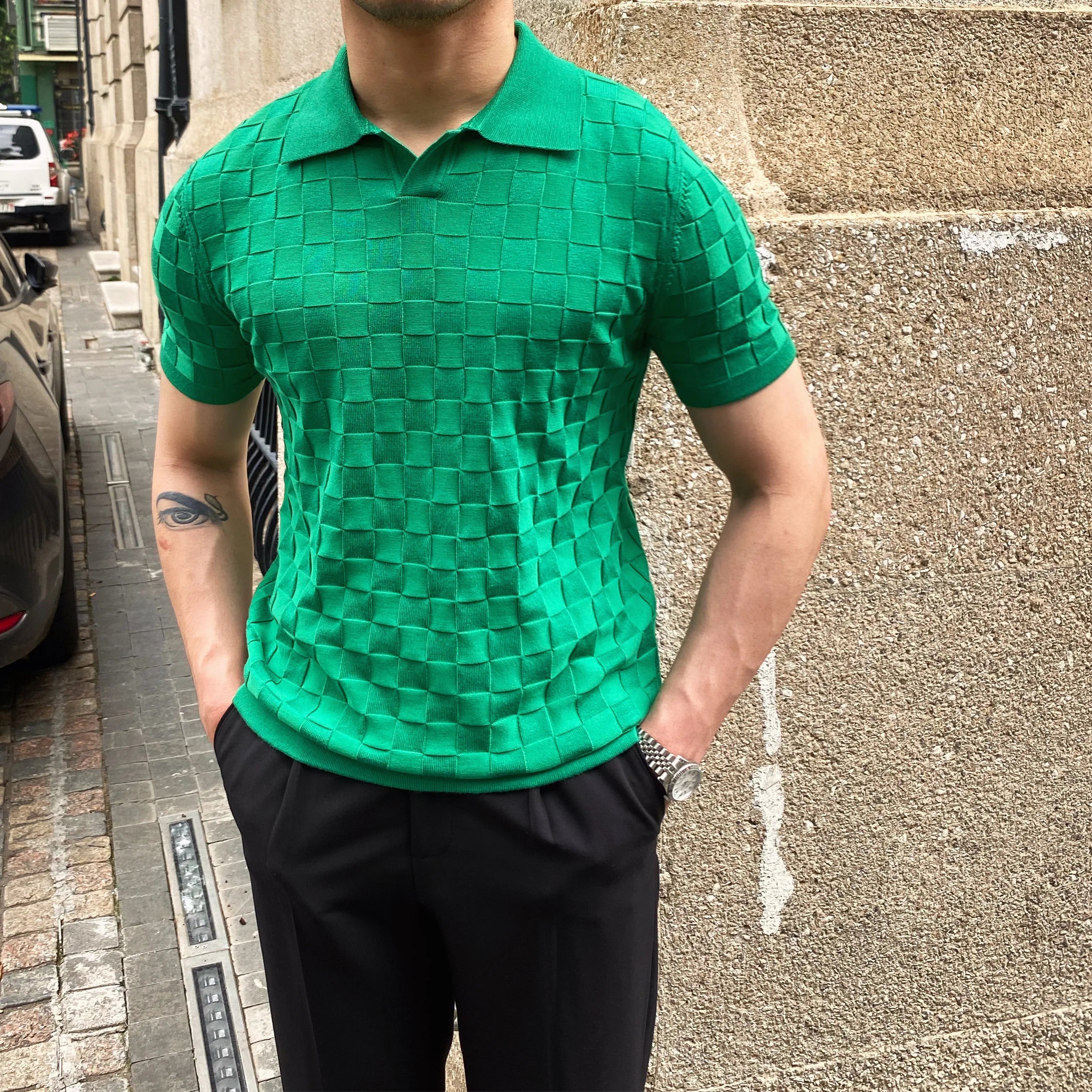 Bonsir Summer Plaid Knitted Polo Shirts Men Short Sleeve V-Neck Knitted Lapel Tee Tops Elasticity Slim Casual Business Social Polo