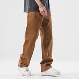 Bonsir New Loose Brown Jeans for Mens Straight Personalized Pocket Decorative Pants for Spring and Summer
