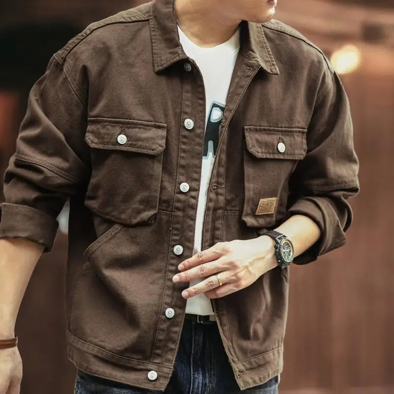 Bonsir Men's Denim Jacket Cargo Oversize Brown Male Jean Coats Autumn Lxury Korean Popular Clothes Fast Delvery on Board Low Cost Loose