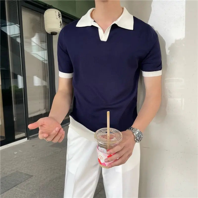 Bonsir Summer Lapel Breathable Short Sleeve Temperament Men's Clothing Slim Korean Version Solid Color Trend Knitted POLO Shirt