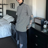 Bonsir Mens Casual Black White Striped T-Shirts Genderless 2024 Summer New Fashion Streetwear Youth High Neck Short Sleeve Tops Unisex