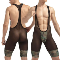 Bonsir Bodysuit Siamese Underwear Panties Shapers Buttons Wresling Suit Breathable Mesh Mens Underwear Camouflage Transparent Bodywear