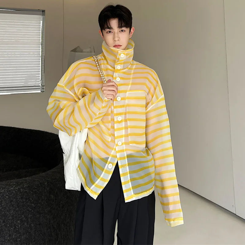 Bonsir 2024 Spring Summer Stylish Loose Stripe Translucent Design Casual Shirt Jacket Men's Sunscreen Clothes Tops Beach