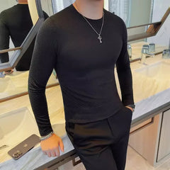 Bonsir Autumn Men's Long Sleeve T-shirt Korean Style Slim Fit Elastic Solid Color Pullover Trendy  Round Neck Versatile T-shirts