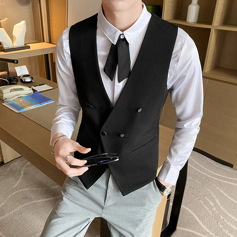 Bonsir New Fashion Men's Double Breasted Gentleman Dress Casual Vest Fashion Nightclub Bartender Work Clothes V Neck Vest Jacket