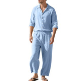 BONSIR  -  Summer Casual Mens Linen Two Piece Suits Leisure Breathable Long Sleeve Shirt And Trousers Men Outfits Fashion Solid Color Sets