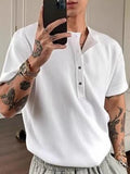 BONSIR  -  Fashionable Mens Henley Neck Shirts Knitting Solid Color Short Sleeve T Shirt Summer New Casual Buttoned Textured Men T-shirts