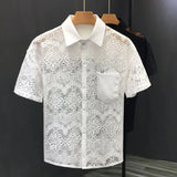 Bonsir Mens Hollow Sexy Lace Short Sleeve Casual Shirt See-Through 2024 New Genderless Fashion Versatile Youth Trend Retro Shirt Unisex