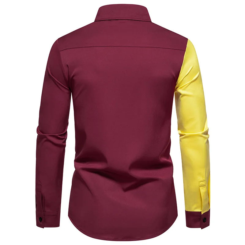 BONSIR  -  Autumn Foreign Trade New Men's Polo Collar Colored Long Sleeved Shirt European Casual Splicing Large Men's Shirt