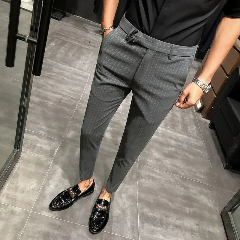 BONSIR   -  British Style Suit Pants Men Dress Pants Social Slim Fit Office Trousers Men Grey Spring New Striped Belt Trousers Men's