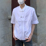 Bonsir Mens Stand Collar Functional Shirt Spring Summer Zipper Short Sleeve Shirts Tops Fashion Street Solid Original Design Blouse