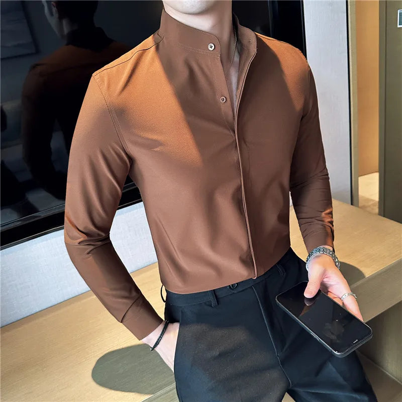 Bonsir Autumn New Stand Collar Solid Slim Shirts Mens Hide Buttons Design Luxury Long Sleeve Party Wedding Business Dress Shirts