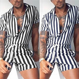BONSIR  -  Men's Striped Rompers Streetwear Fashion Casual Playsuits Short Sleeve Button Lapel Jumpsuits Drawstring Boxers Shorts Bodysuits