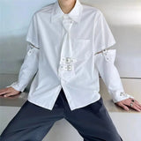 Bonsir Mens Y2k Spliced Casual Long-Sleeved Shirt 2024 New Genderless Functional Personality Solid Color Loose Hand Strap Top Unisex