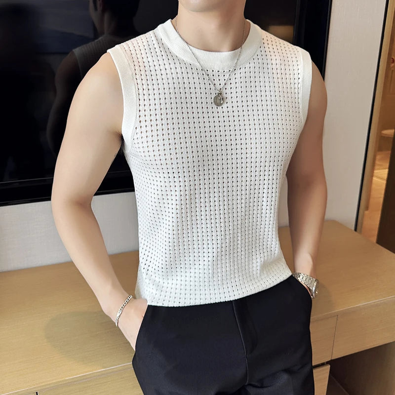 Bonsir Summer Mesh Hollowing Out T Shirts For Men High Quality Korean Slim Fit Elastic Sleeveless O-Neck Gym Breathable Vest Mens Tees