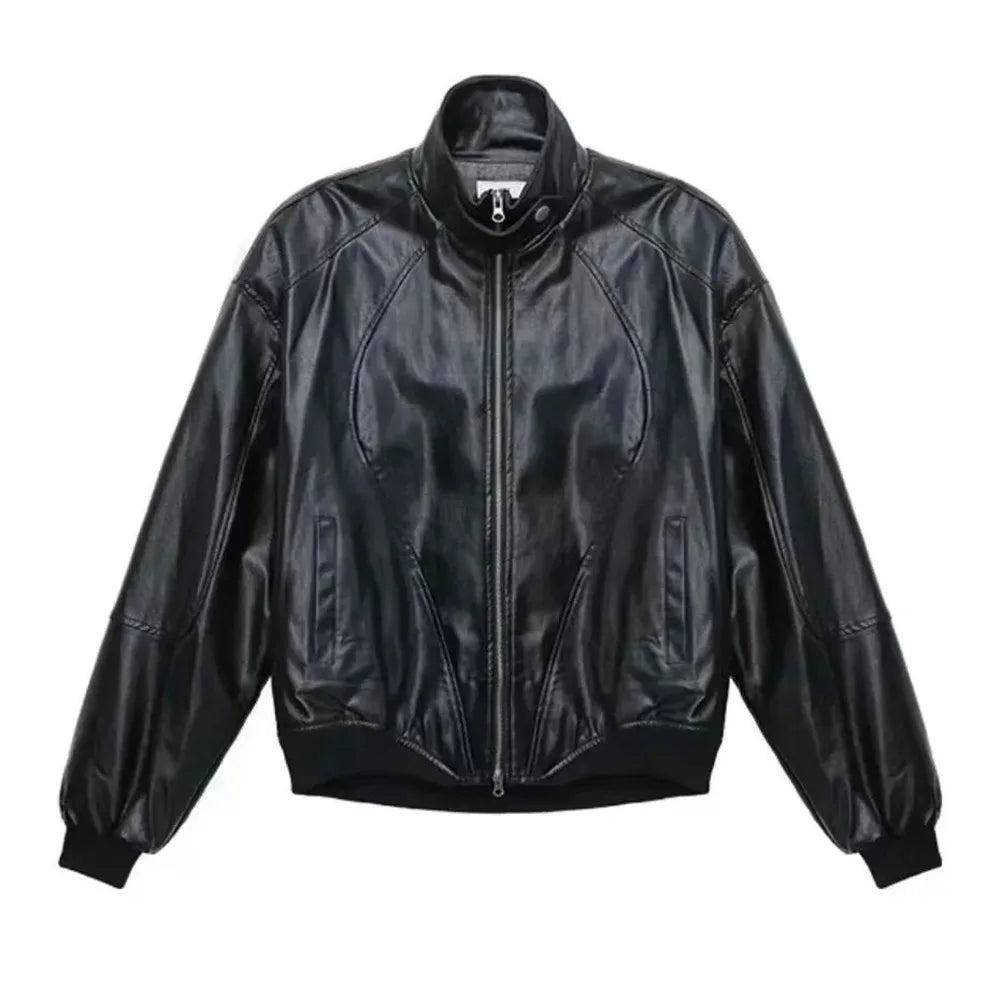 Bonsir Y2k Mens Leather Jacket Pocket Shoulder Pads Motorcycle Leather Jacket Autumn Cold Windproof Jacket Men's Clothing Unisex 2024