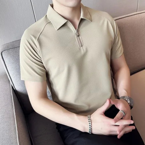 Bonsir British Style Summer Men Solid Polo Shirt Fashion Zipper Design Lapel Ice Silk Casual T-shirt Streetwear Male Elastic Tops 4XL-M